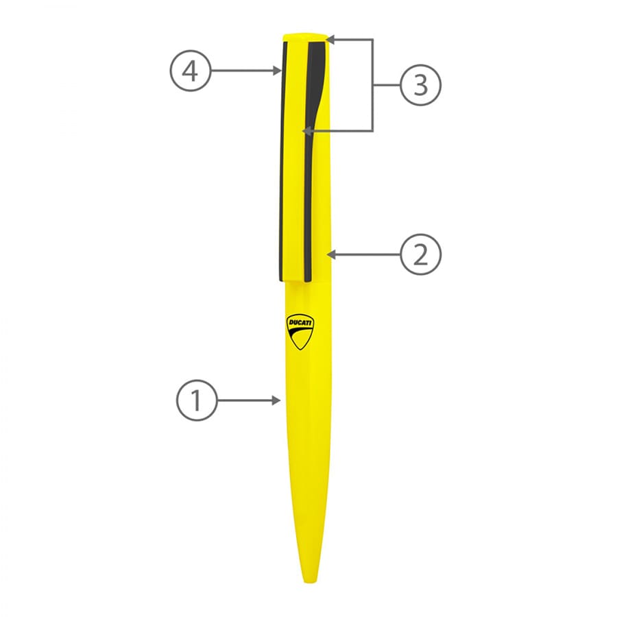 A bright yellow metal ballpoint pen with a sleek design and a black clip, featuring a logo.