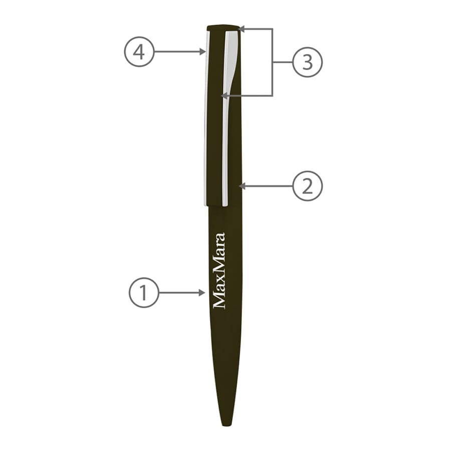 A black metal ballpoint pen with a clip and a logo. It features a sleek, streamlined design.