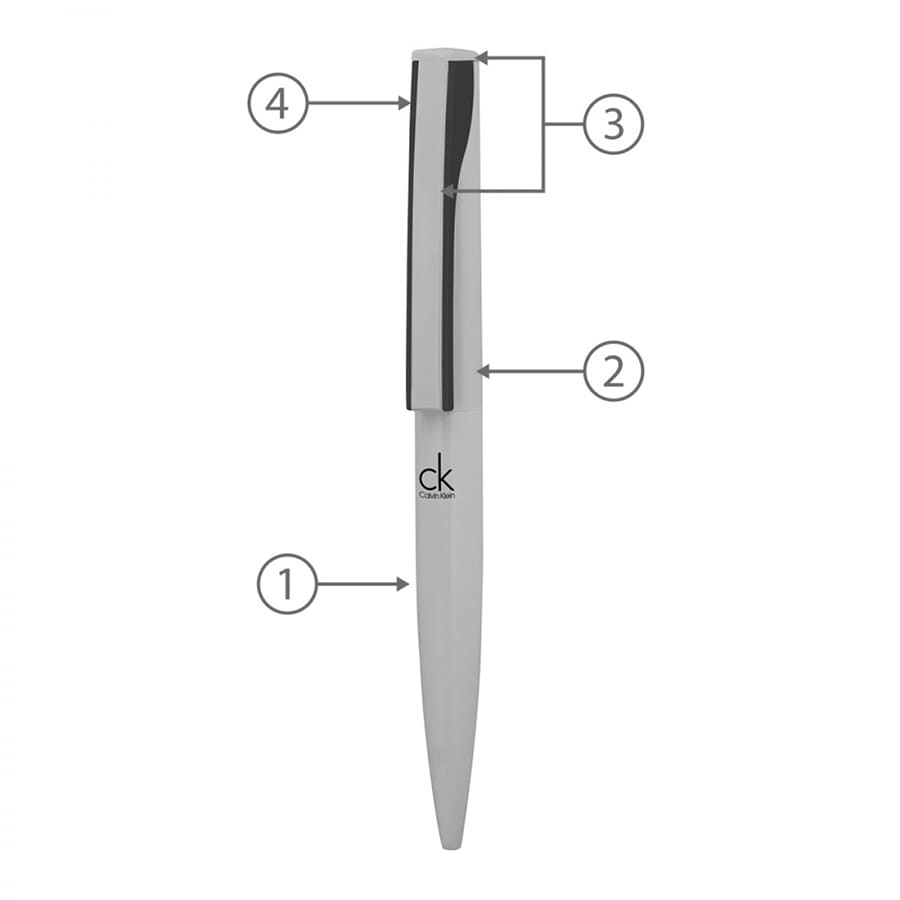A silver metal ballpoint pen with a sleek design and a logo near the grip. It features a twist mechanism and a shiny cap.
