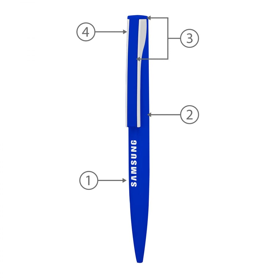 A blue metal ballpoint pen with a sleek design and a logo, featuring a twist mechanism for ink activation.