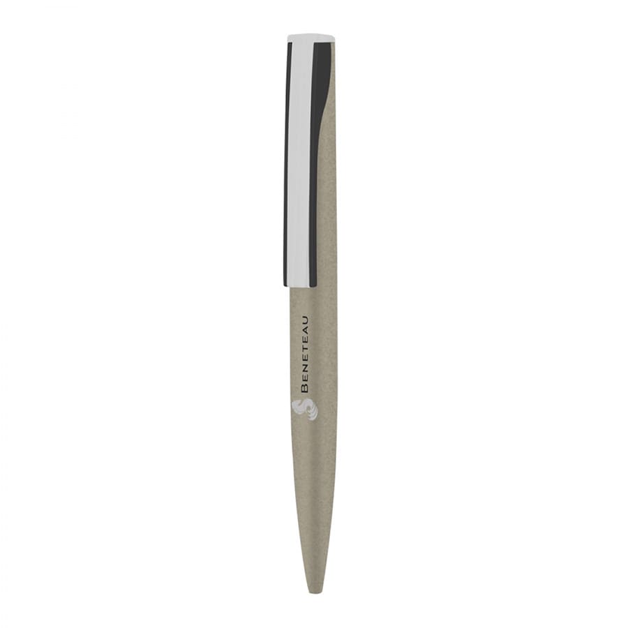 A metallic twist ball pen in a silver and grey finish, featuring a sleek design and a branding logo.