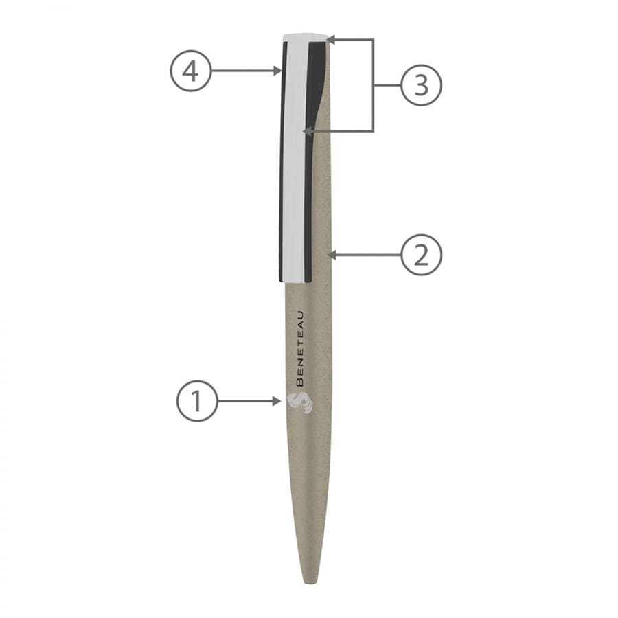A twist metal ball pen with a sleek silver finish and a branding logo on the side.