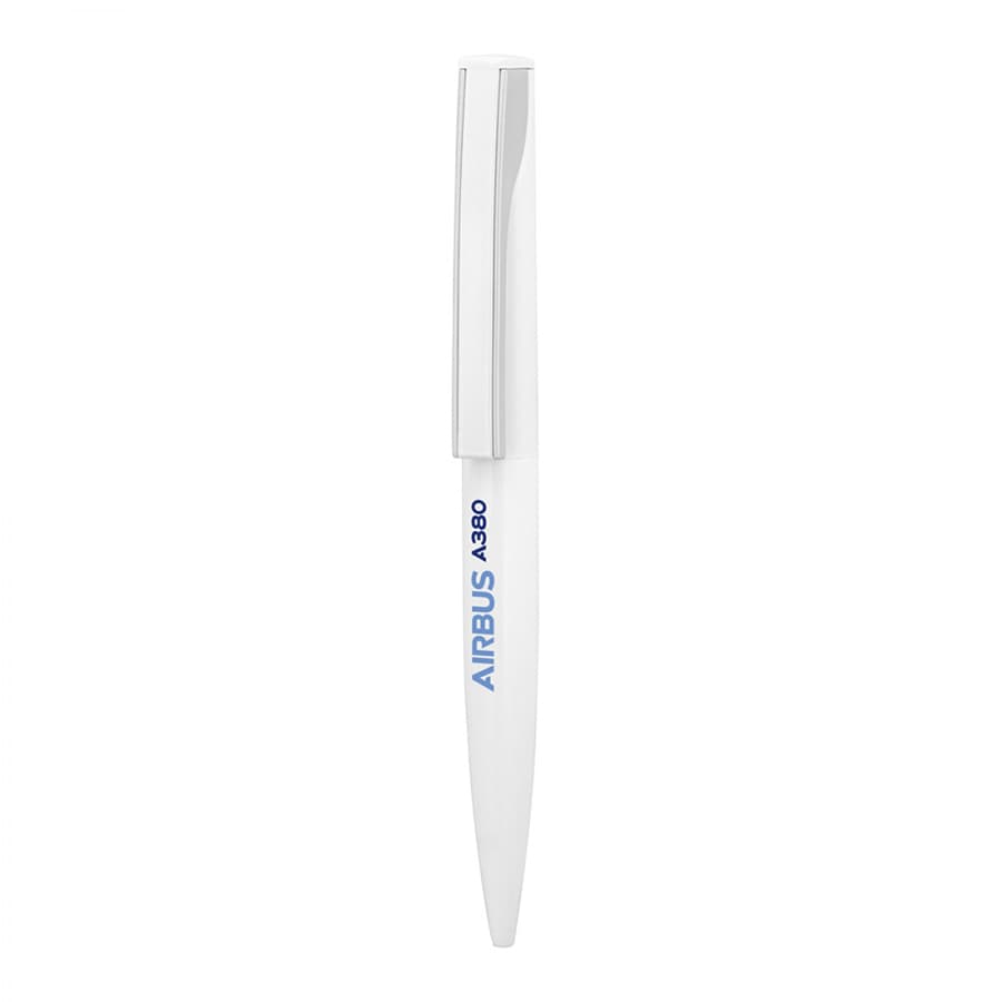 A white metal ballpoint pen with a sleek design and a clip, featuring a branding logo.