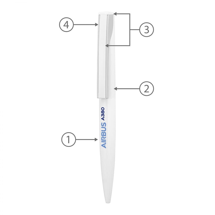 A white metal ballpoint pen with a twist mechanism and a clip, featuring a logo on the barrel.