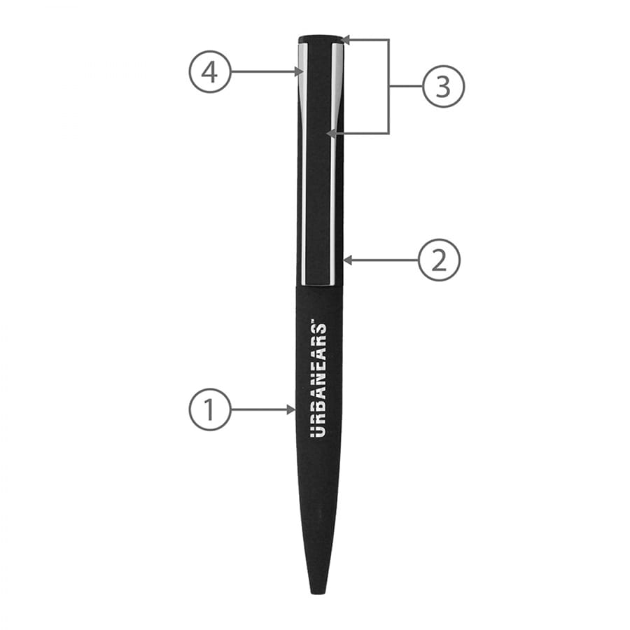 A black metal ballpoint pen with a sleek design, featuring a logo and various labelled sections.