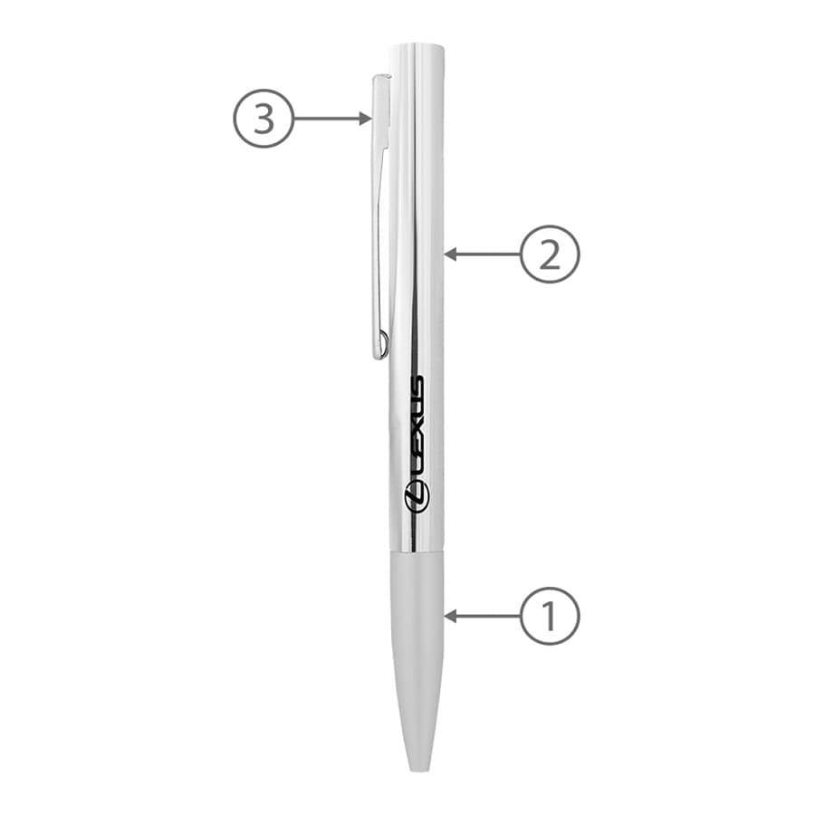 A silver metal ball pen with a clip and a branding logo, featuring a smooth twist mechanism.