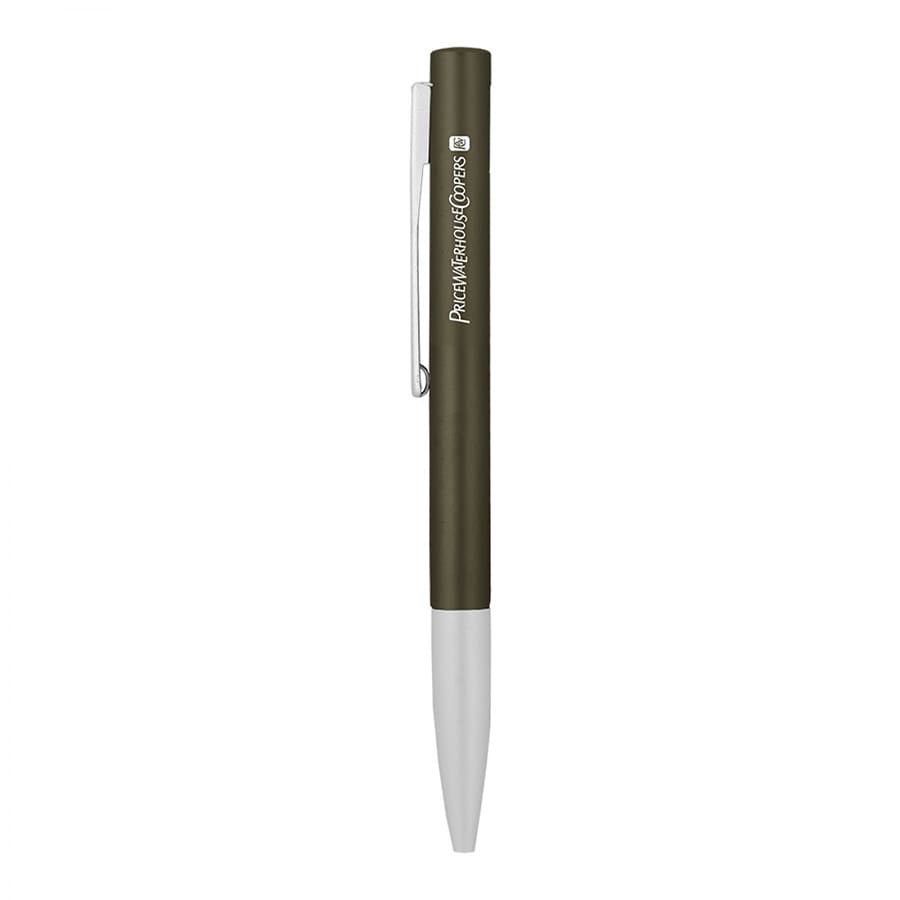 A twist metal ball pen in dark green with a white tip and a clip, featuring a logo on the barrel.