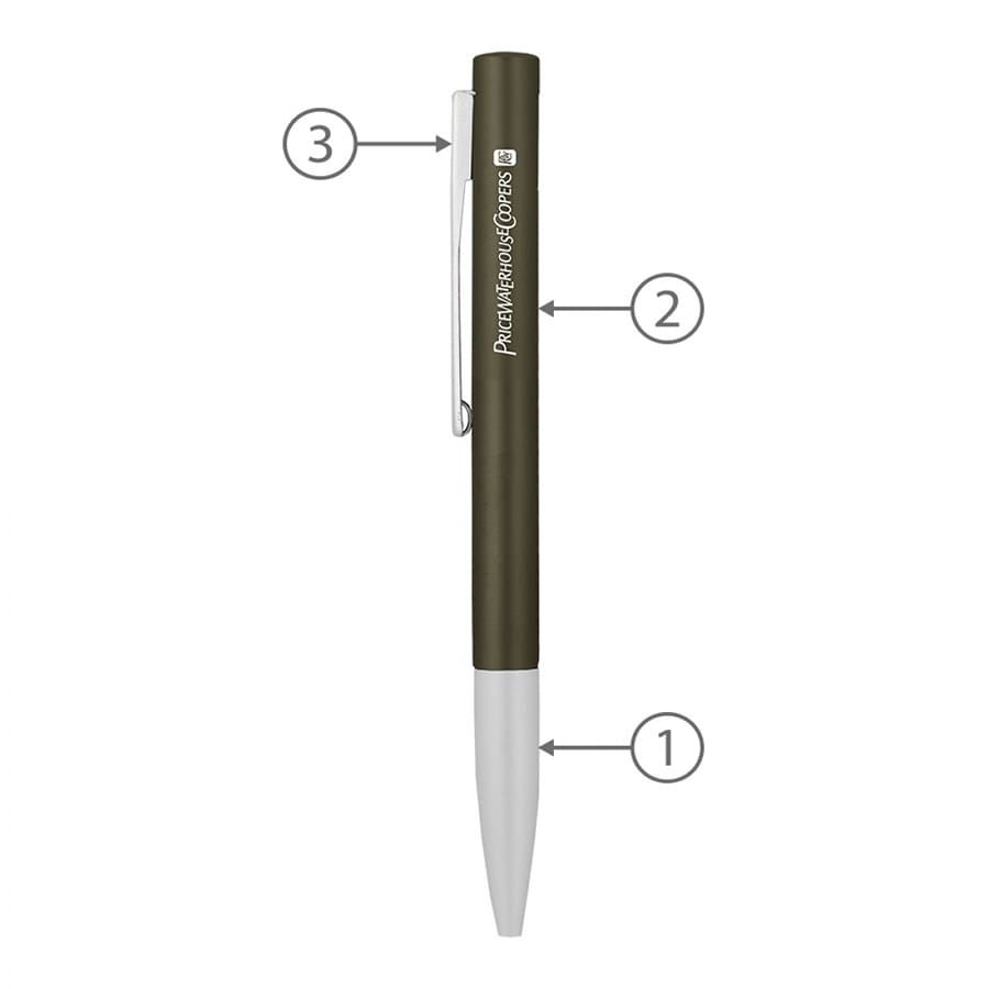 A metal ballpoint pen in olive green with a white tip and clip, featuring a logo on the body.