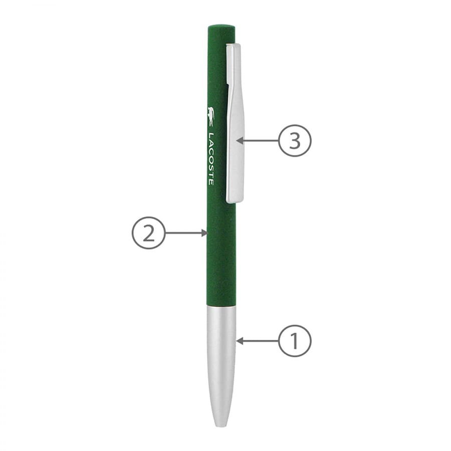 A green metal ballpoint pen with a silver clip and a branding logo.