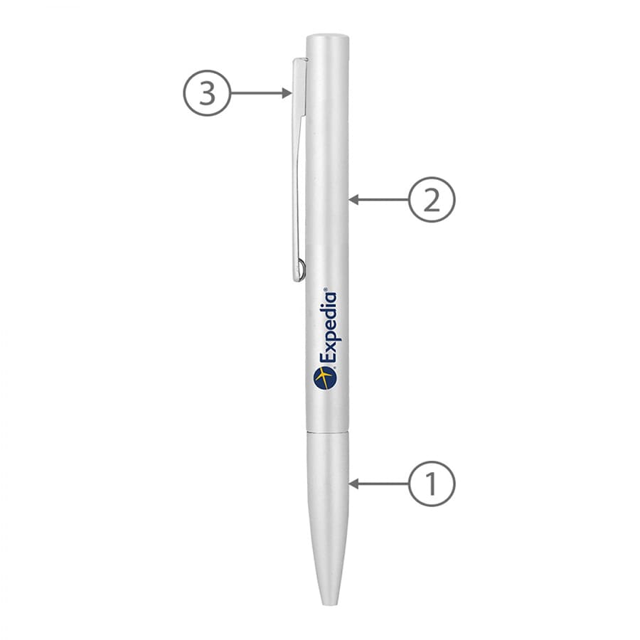 A silver metal ballpoint pen with a clip and logo, featuring a sleek twist mechanism.