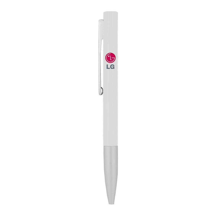 A white metal ball pen with a silver tip and a logo on the body.