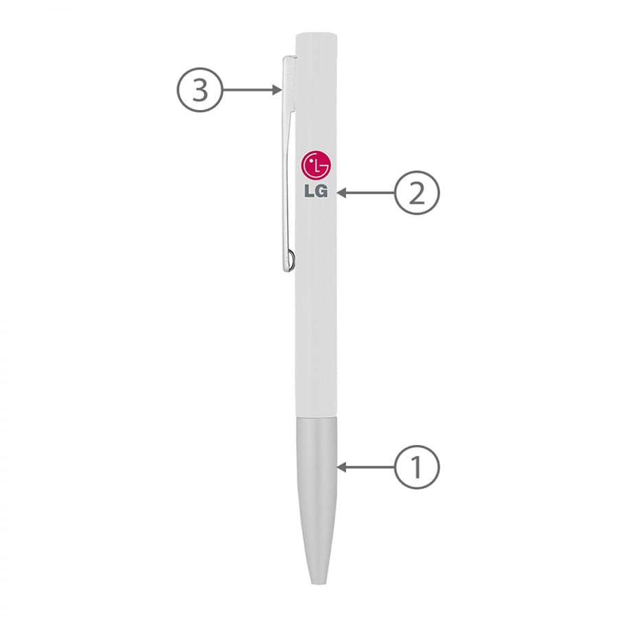 A white metal ball pen with a silver tip and a clip, featuring a logo on the barrel.