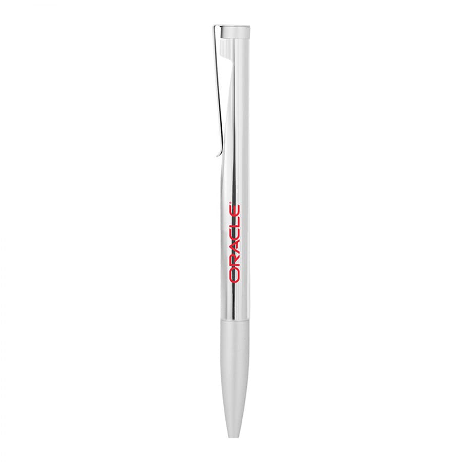 A silver metal ball pen with a white tip and a clip, featuring a logo.