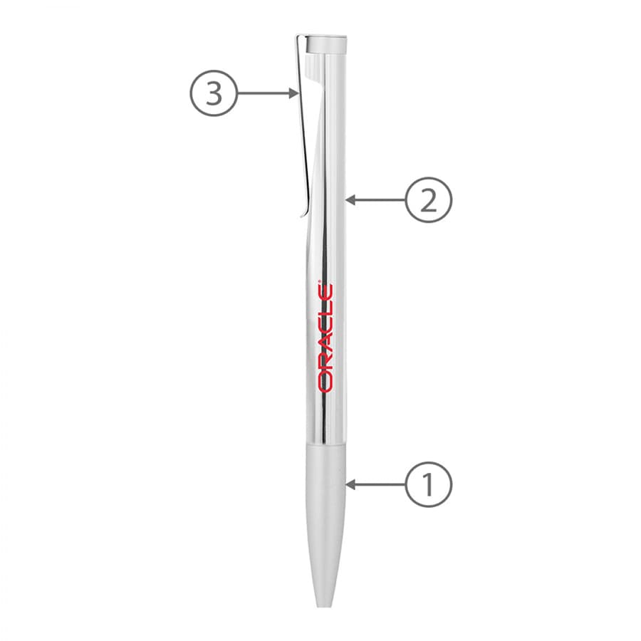 A silver metal ballpoint pen with a white tip and clip, featuring a logo on the barrel.
