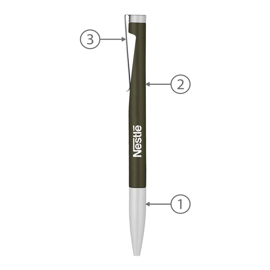 A twist metal ball pen in dark green and white, featuring a clip and branding.