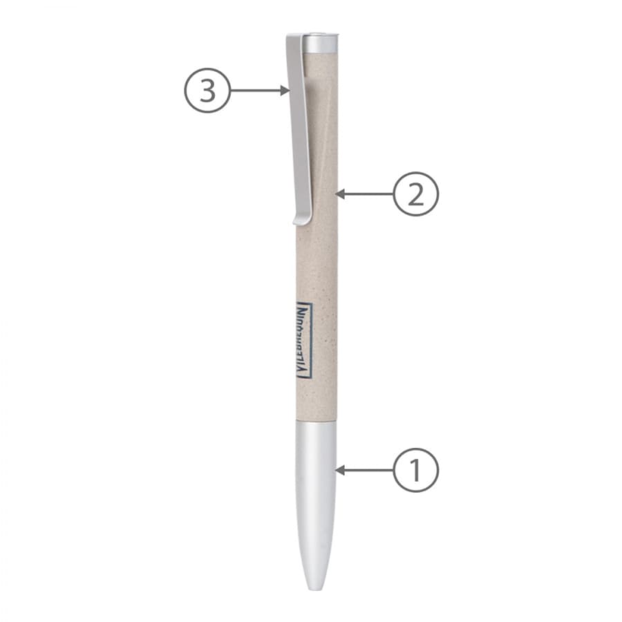 A metal ballpoint pen with a beige body and white tip, featuring a silver clip and a logo.