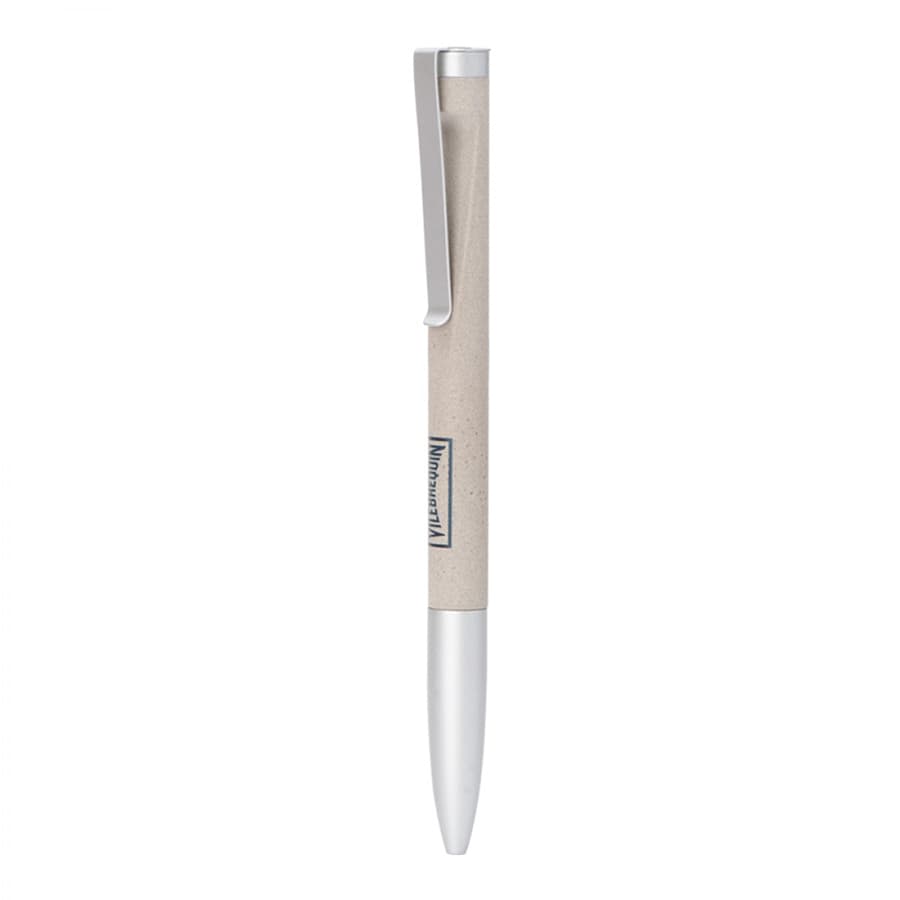 A metallic ballpoint pen with a cream-coloured barrel and silver clip, featuring a logo.