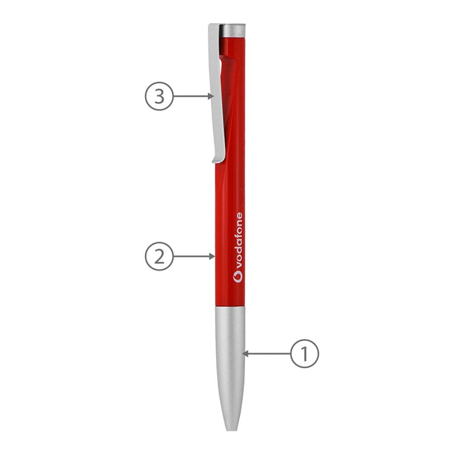 A twist metal ball pen in red with a silver clip and tip, featuring a logo.