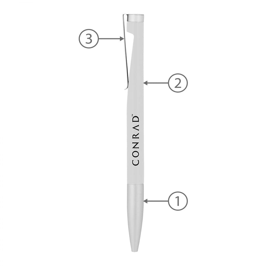 A metal ballpoint pen in white with a silver tip and clip, featuring a logo on the body.