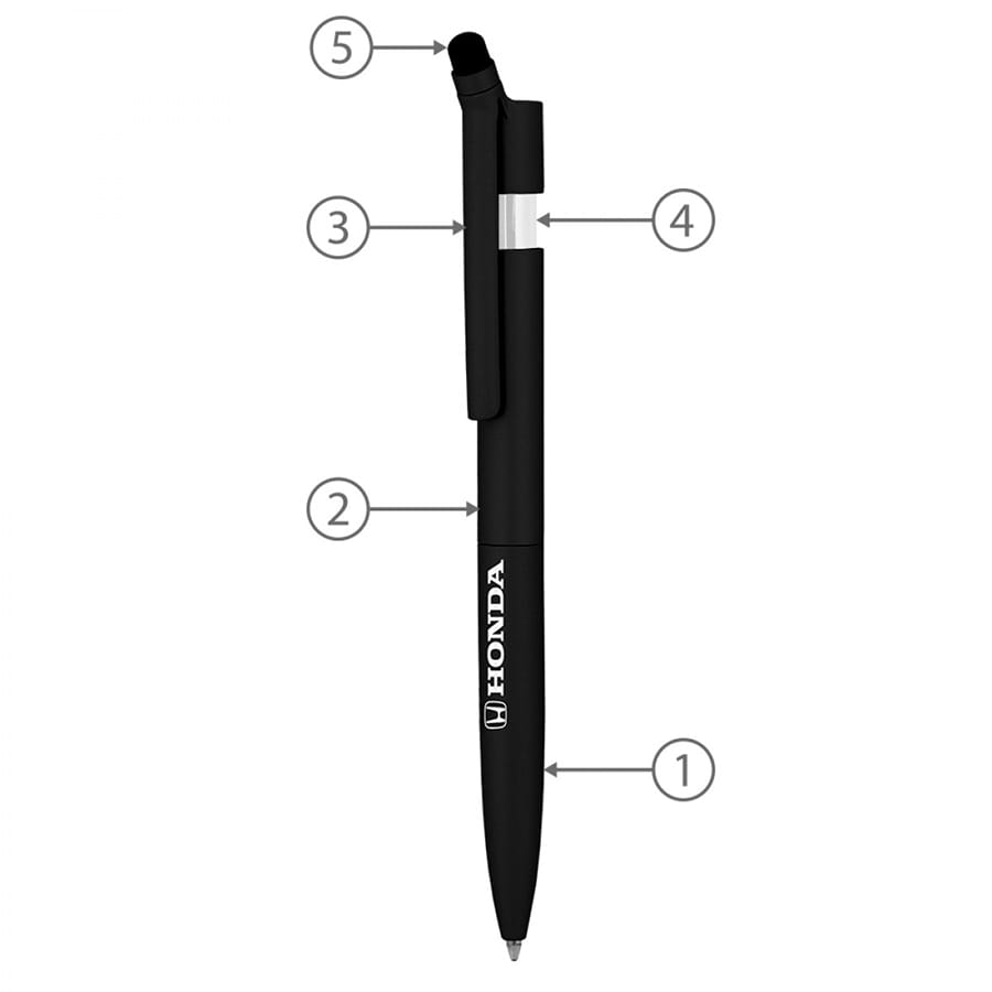 A black metal ballpoint pen with a stylus tip and a clip, featuring a logo on the barrel.