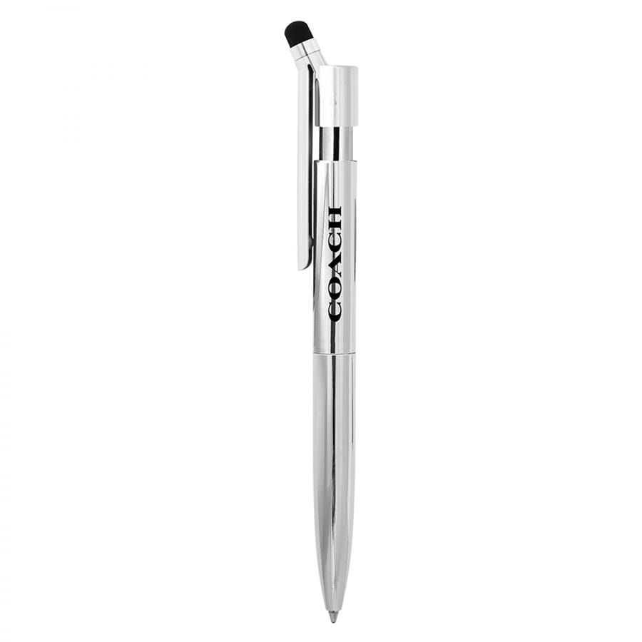 A sleek silver metal ballpoint pen with a stylus tip and a logo.