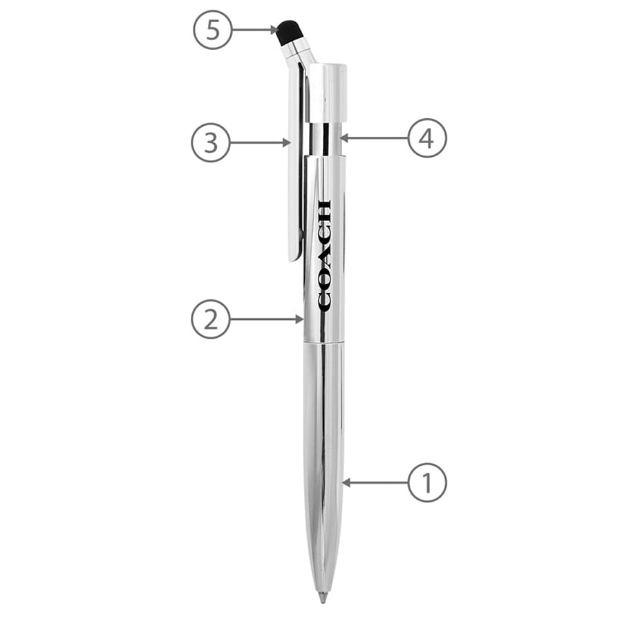 A sleek silver metal ballpoint pen with a stylus tip and a clip, featuring a logo.
