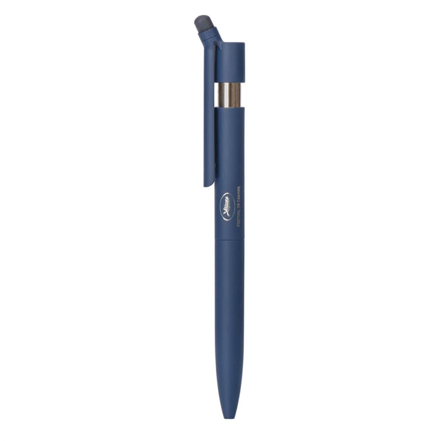 A blue metal ballpoint pen with a twist mechanism and a stylus tip, featuring a logo on the barrel.