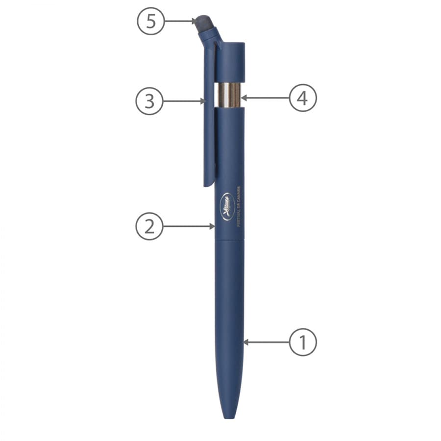 A navy blue metal ballpen stylus with a twist mechanism and a logo. Features a clip and a fine tip for writing.
