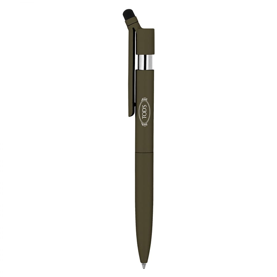 A metal ballpoint pen in olive green with a stylus tip and a clip, featuring a logo.