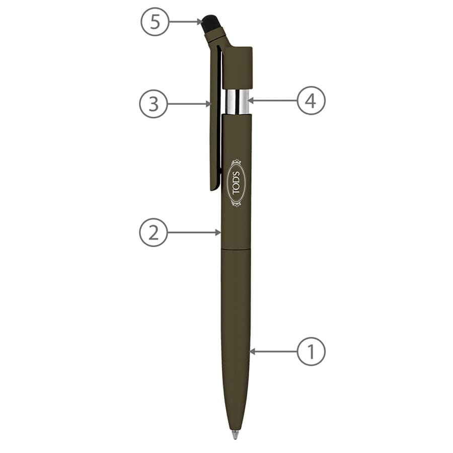 A green metal ballpoint pen with a stylus tip, featuring a clip and an engraved logo.