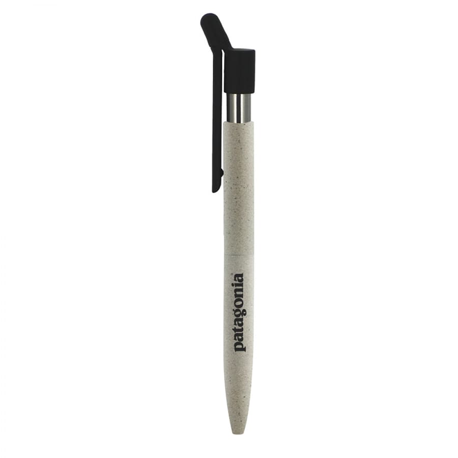 A grey metal ballpoint pen with a textured body and a black clip, featuring a logo.