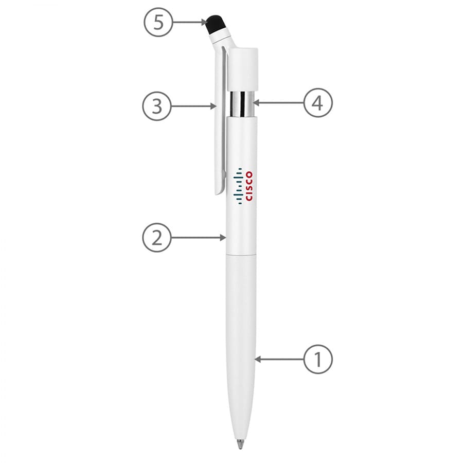 A white metal ballpoint pen with a stylus tip and branding, featuring a sleek twist mechanism.