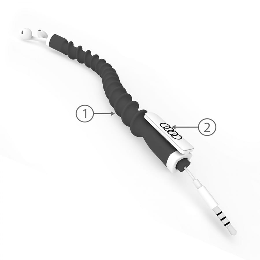 A black and white earbud organiser designed to tidy cables, featuring a flexible, coiled design and a logo.