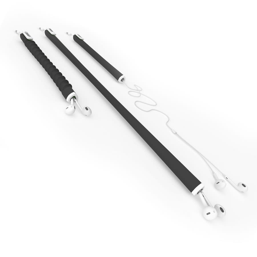 A black earbud organiser featuring flexible grips and white earbud cables, designed to tidy cords.