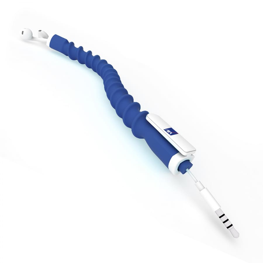 A blue earbud organiser with a ribbed design and white detailing, featuring earphones at one end.