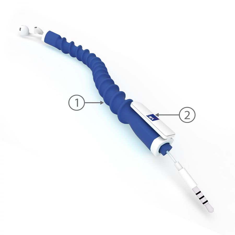 A blue earbud organiser with a flexible, coiled design and a section for attaching earbuds, featuring a logo.