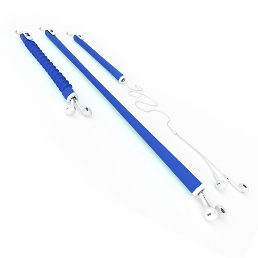 A blue earbud organiser with three sections, featuring smooth and textured grips for cable tidying. Includes earbud connectors.