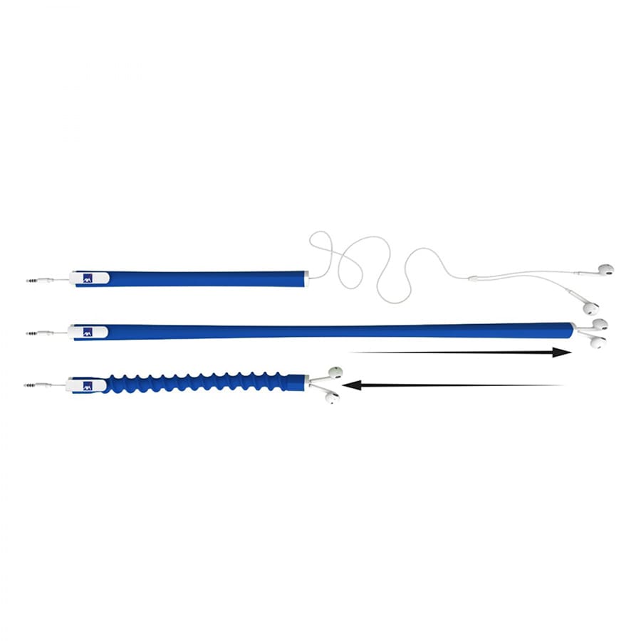 A blue earbud organiser with clips and flexible sections for tidying cables, featuring a logo.