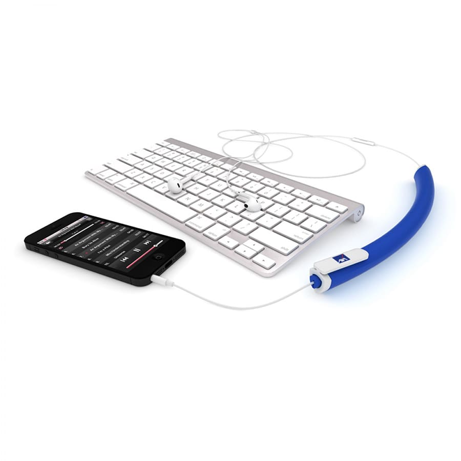 A blue earbud organiser connects a smartphone and keyboard, tidying up earphone cables. The product has a branding logo.
