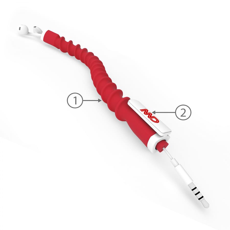 A red earbud organiser with a flexible design, featuring a logo, for managing cables.