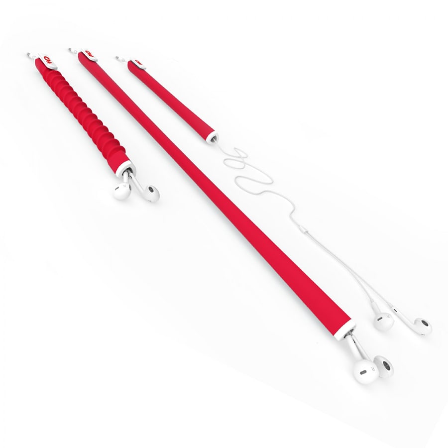 A red earbud organiser featuring a sleek design, with three sections designed to tidy and store earphone cables.