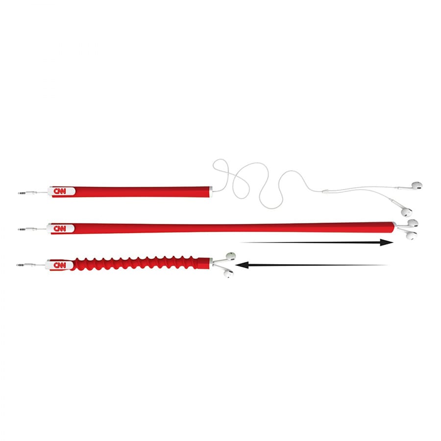 A red earbud organiser with multiple sections and hooks, designed to neatly store earphone cables. It has a logo.