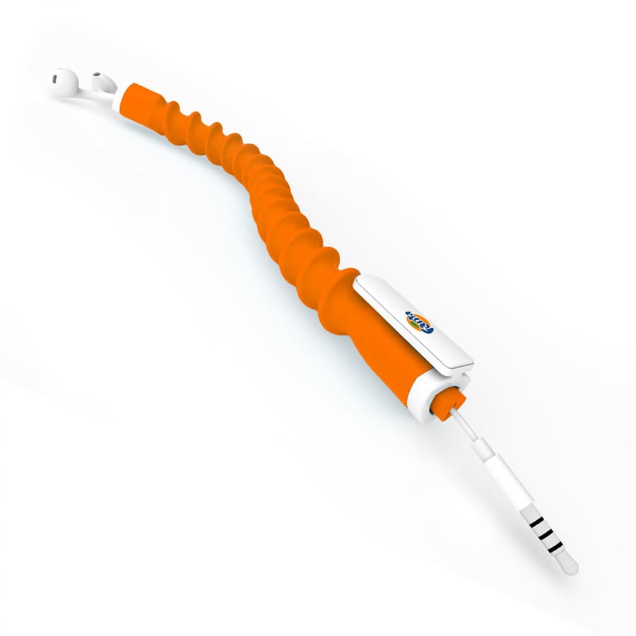An orange cable tidy with a flexible, squiggly design for organizing earbuds, featuring a section for a logo.
