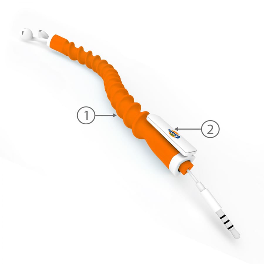 An orange earbud organiser featuring a flexible, coiled design with earbud tips at one end and a connector at the other.