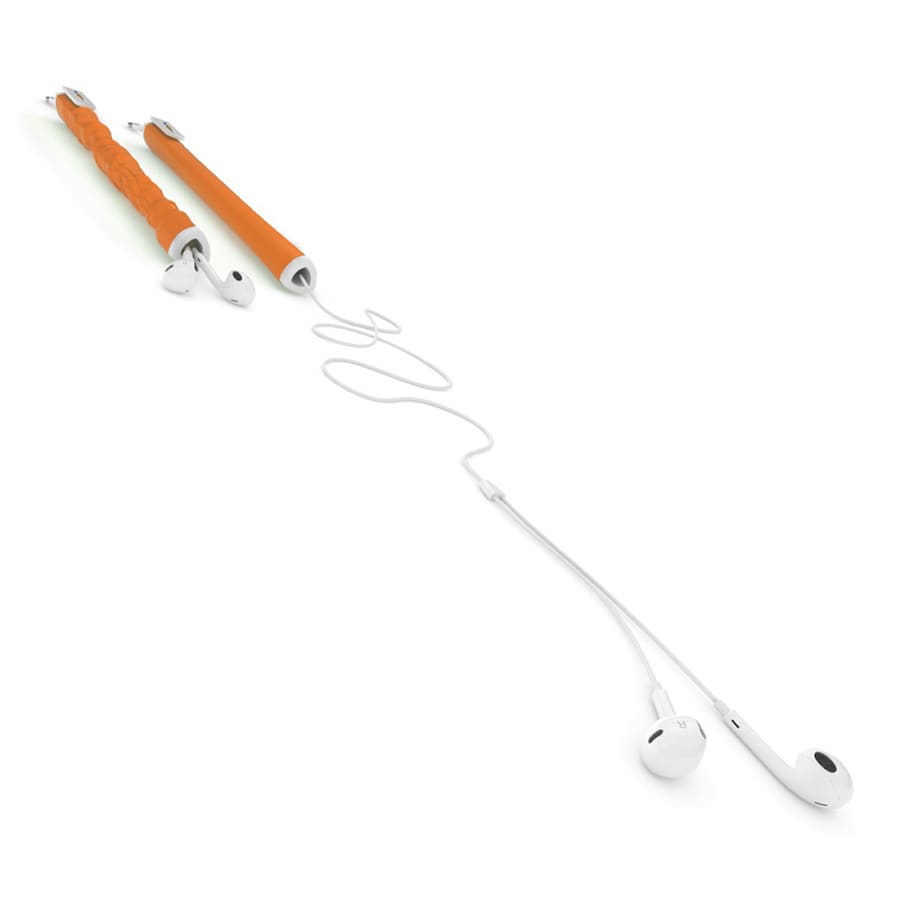 An orange and white earbud organiser with two sections for holding earphones, featuring a logo.