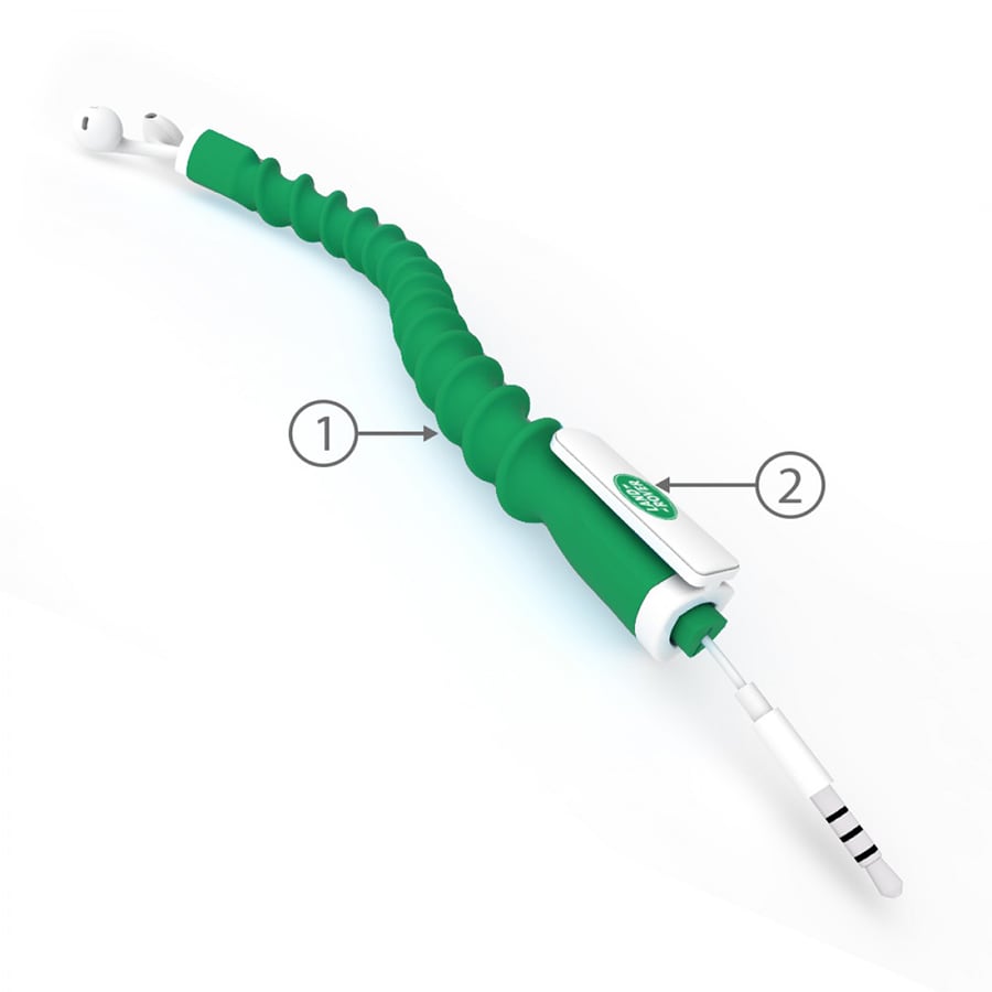 A green earbud organizer with a flexible, twisted design and a logo, featuring a connector and headphone buds.