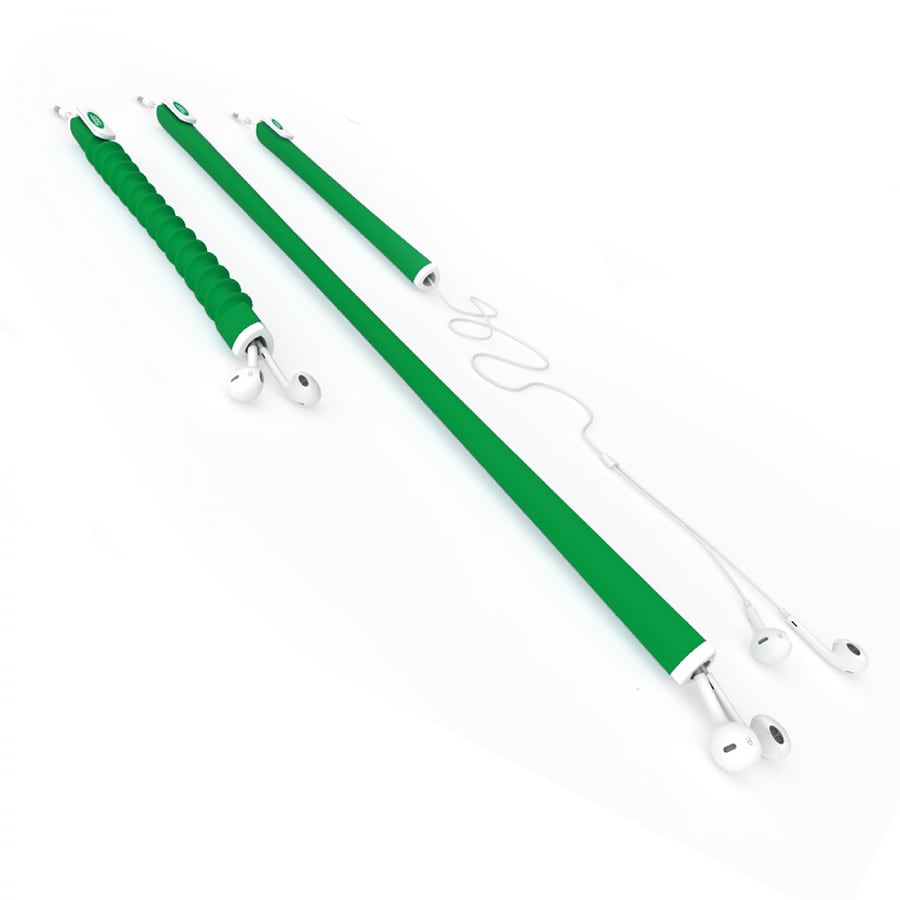 A green earbud organiser with three sections and attached earbuds, featuring a logo on one section.