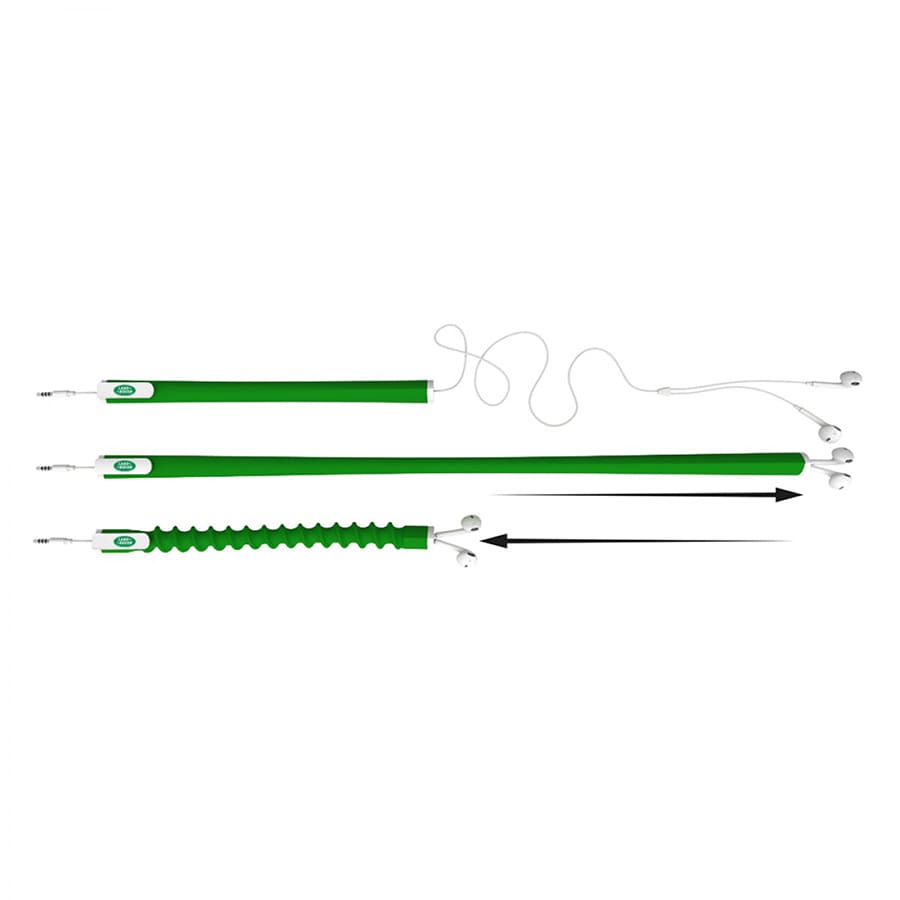 A green earbud organiser with sections for tidying cables and attached earbuds, featuring a logo.