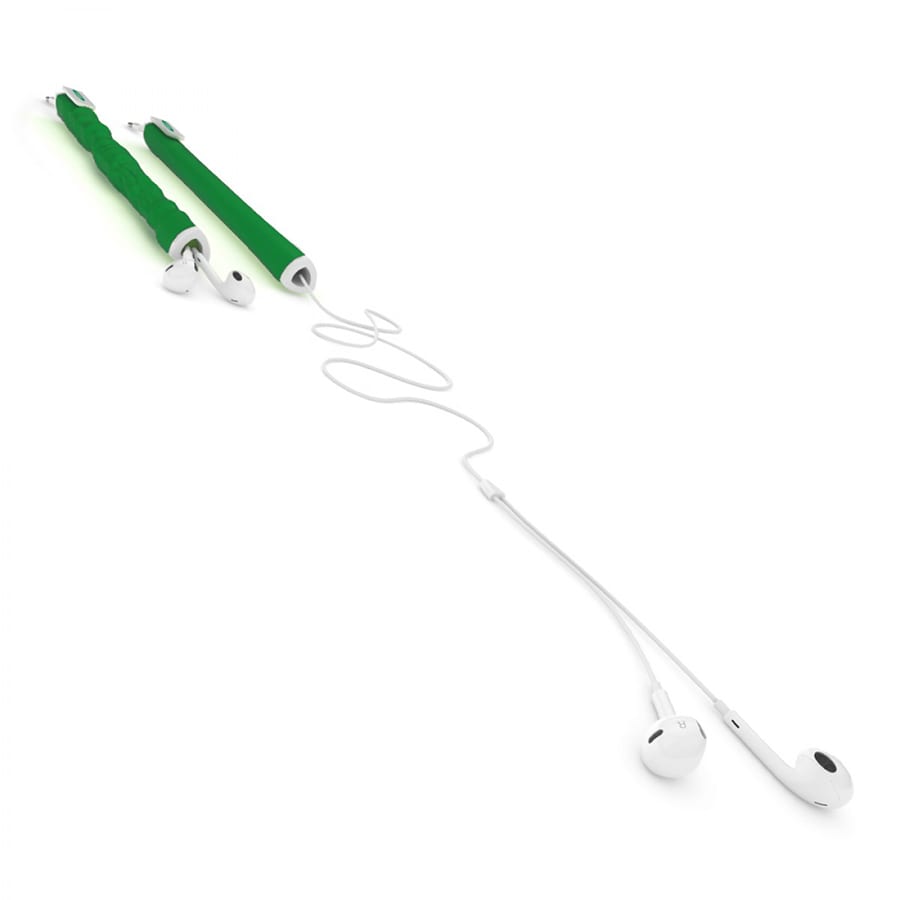 A green earbud organiser with two grips and white earphone wires. Features a branding logo.