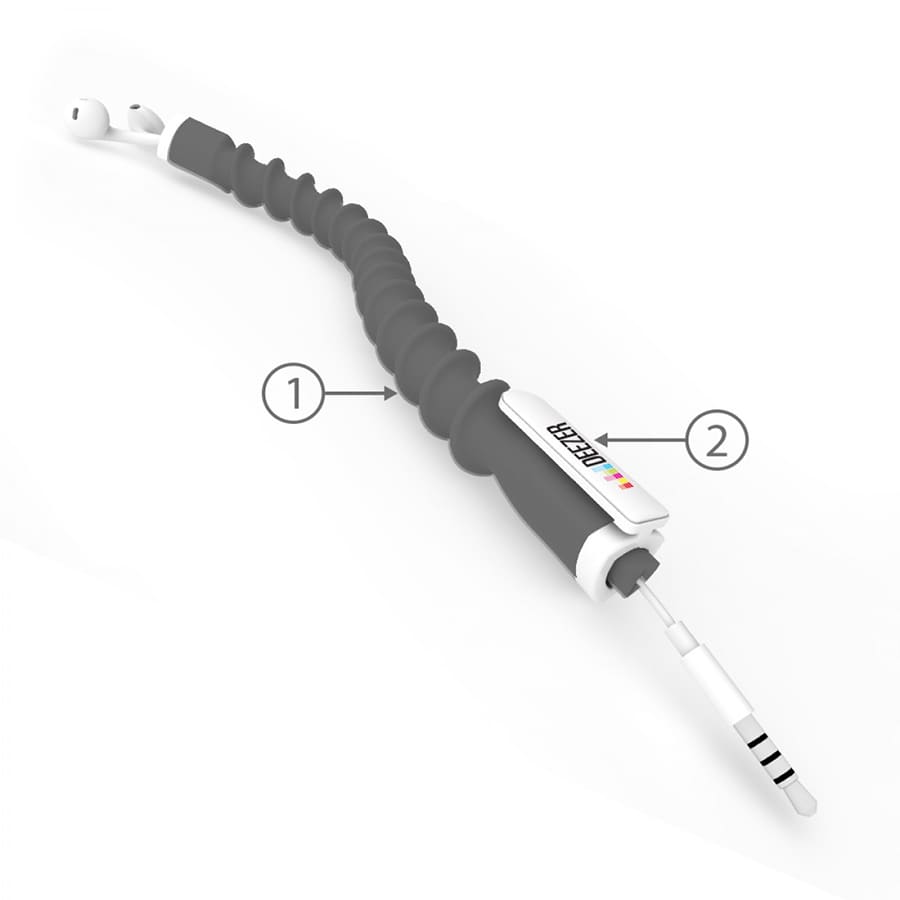 A grey earbud organiser with a flexible design, featuring a white section for cable management and a logo.